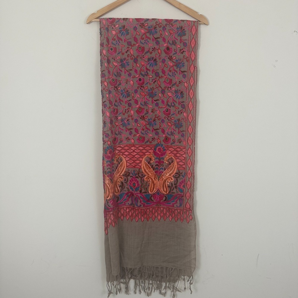 Kashmiri Scarf Multicolor Embroidered Floral Paisley Cultural Shawl Wrap Womens